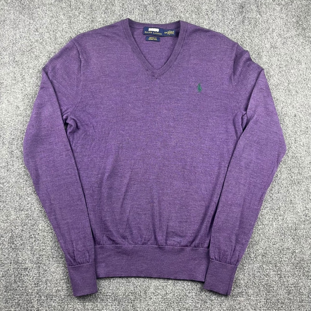 Polo Ralph Lauren Mens Purple Merino Wool V-Neck Sweater Custom Fit Small